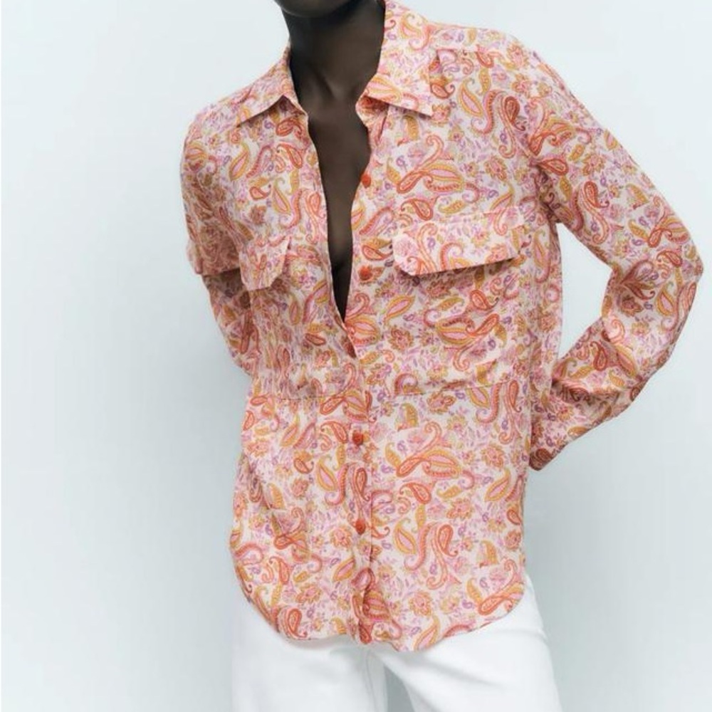 ZARA Paisley Orange and Pink Button Up Blouse Medium